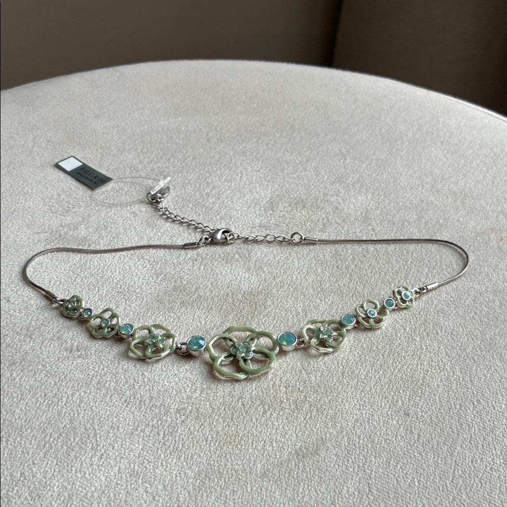 Pilgrim Silver Necklace with Green Floral Design